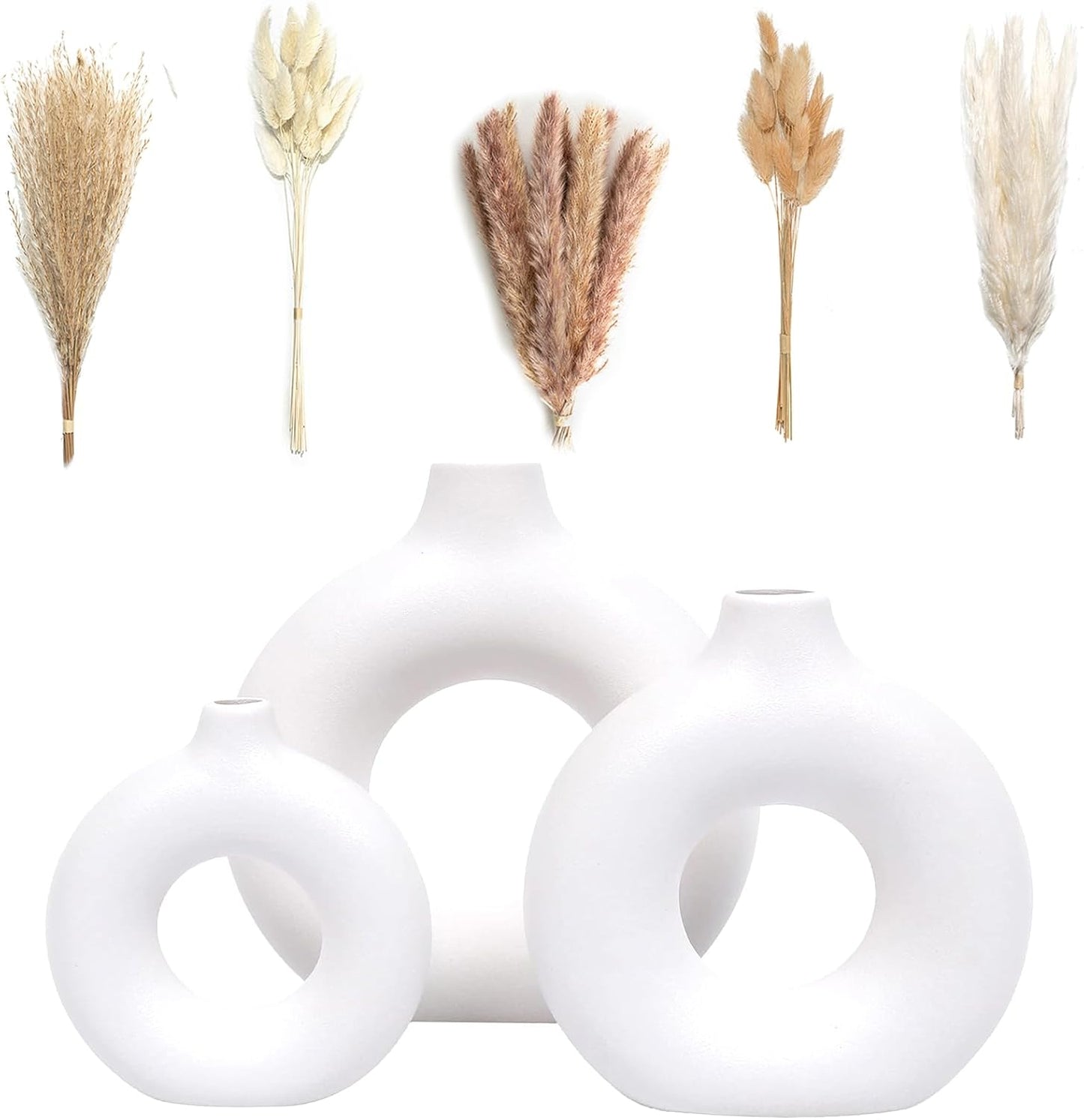 Set of 3 White Ceramic Vase with 65 PCS